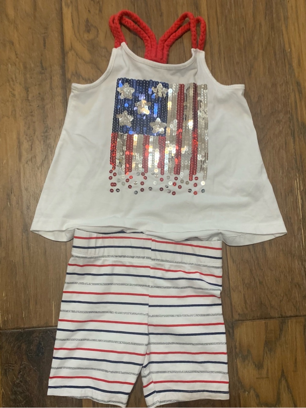 Girls White Red & Blue Sequin Flag Tank Top and Striped Shorts Set